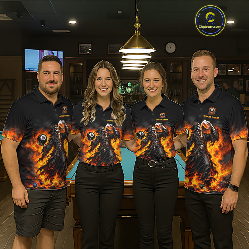 Orange Flaming Grim Reaper Beer Billiard Shirts Custom 8 Ball Pool Team Jersey