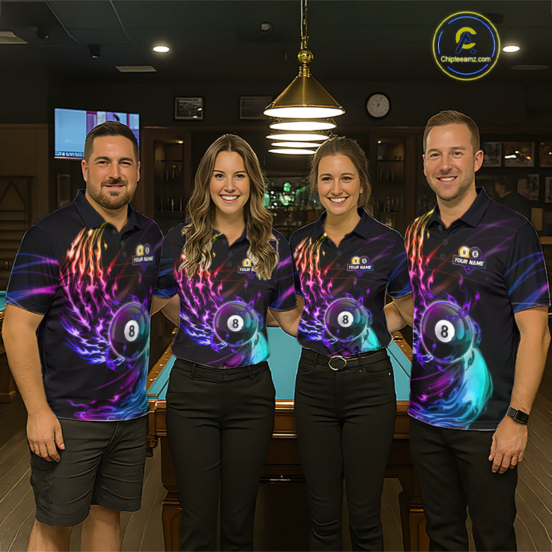 Personalized Purple Blue 8 Ball & 9 Ball Billiard Shirts Custom Glowing Pool Team Jersey