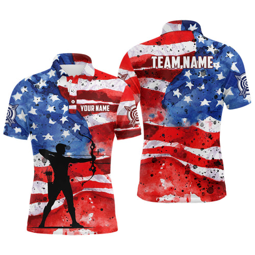 Personalized Vintage American Flag Archery Polo Shirts, Patriotic Archery Player Shirts