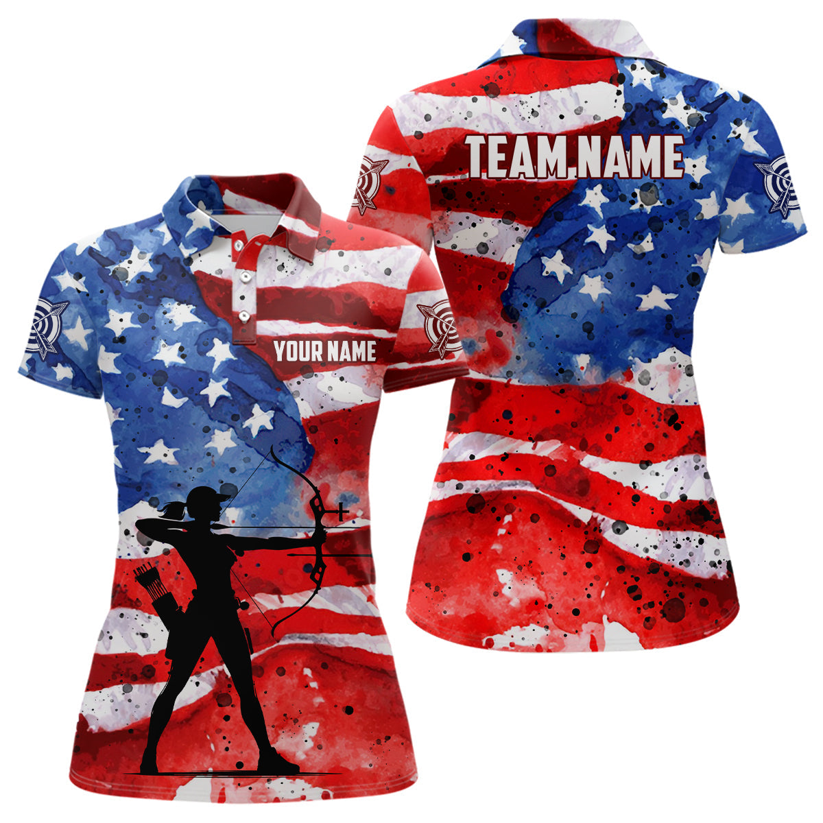 Personalized Vintage American Flag Archery Polo Shirts, Patriotic Archery Player Shirts