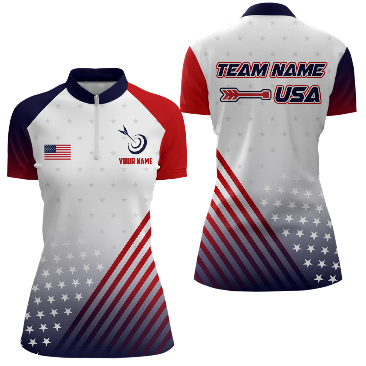 Personalized Patriotic US Flag Archery Polo & Quarter-Zip Shirts Custom Team Archery Jerseys