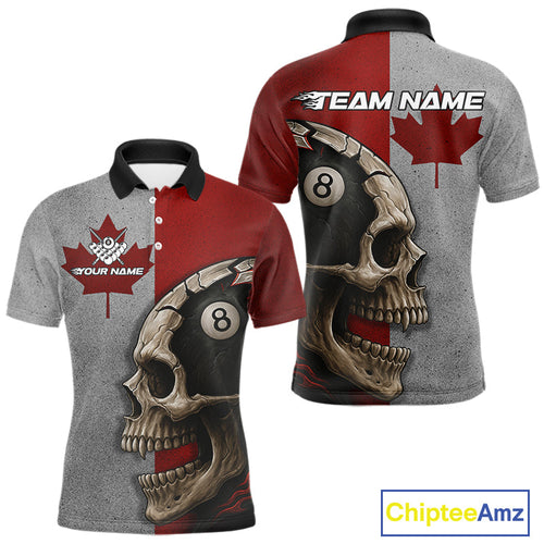 Personalized Grunge Canada Flag Skull Billiard Shirt, 8 Ball Patriotic Pool Team Jerseys