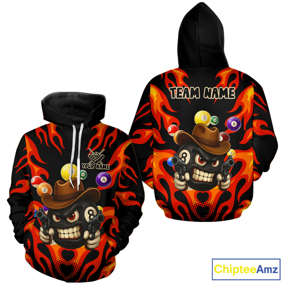 Personalized Red Funny Flame 8 Ball Billiard Hoodie For Pool Players Custom Billiard Team Shirt