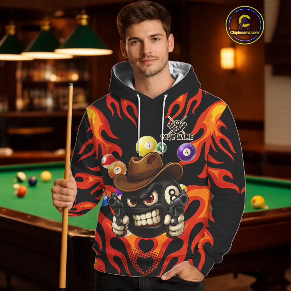 Personalized Red Funny Flame 8 Ball Billiard Hoodie For Pool Players Custom Billiard Team Shirt