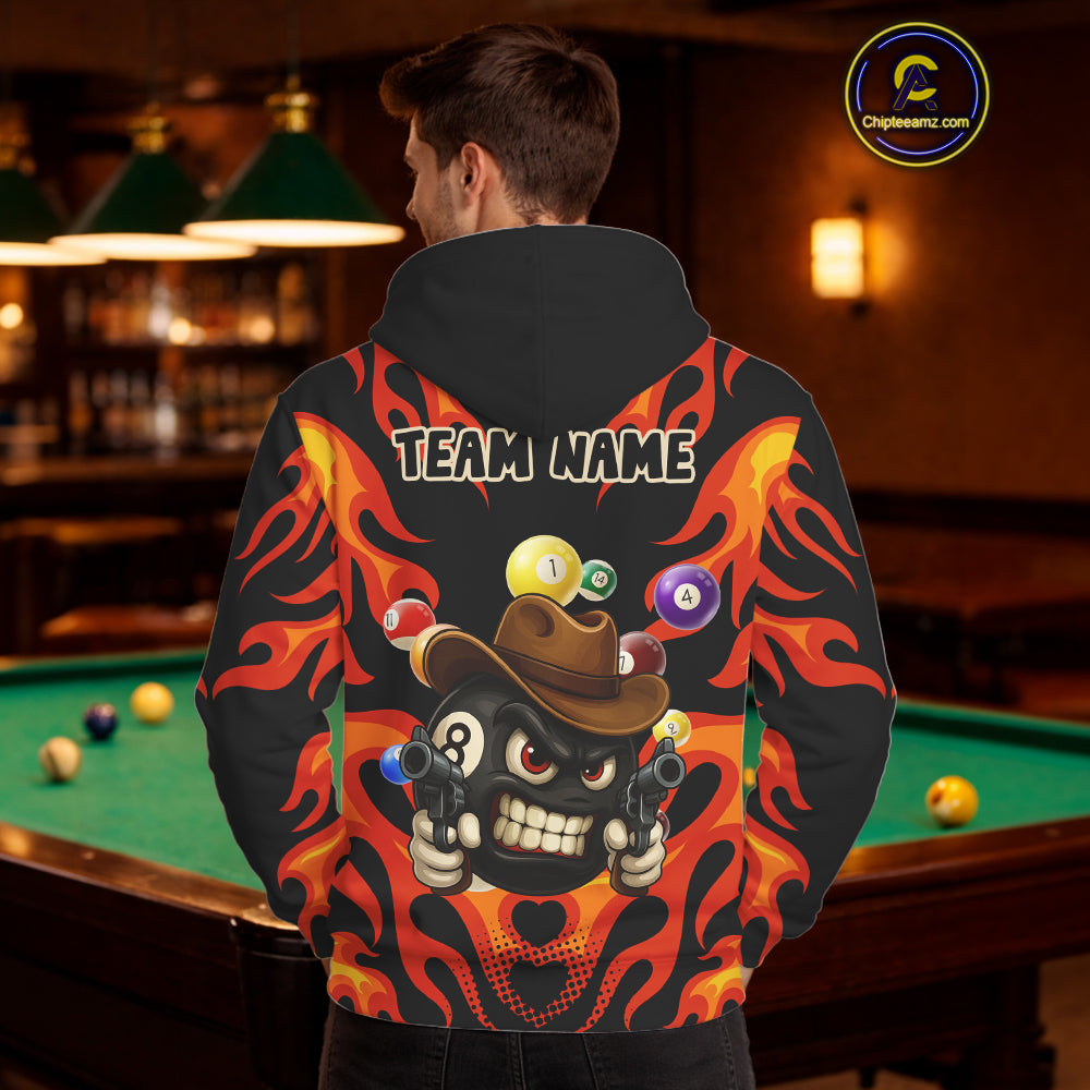 Personalized Red Funny Flame 8 Ball Billiard Hoodie For Pool Players Custom Billiard Team Shirt