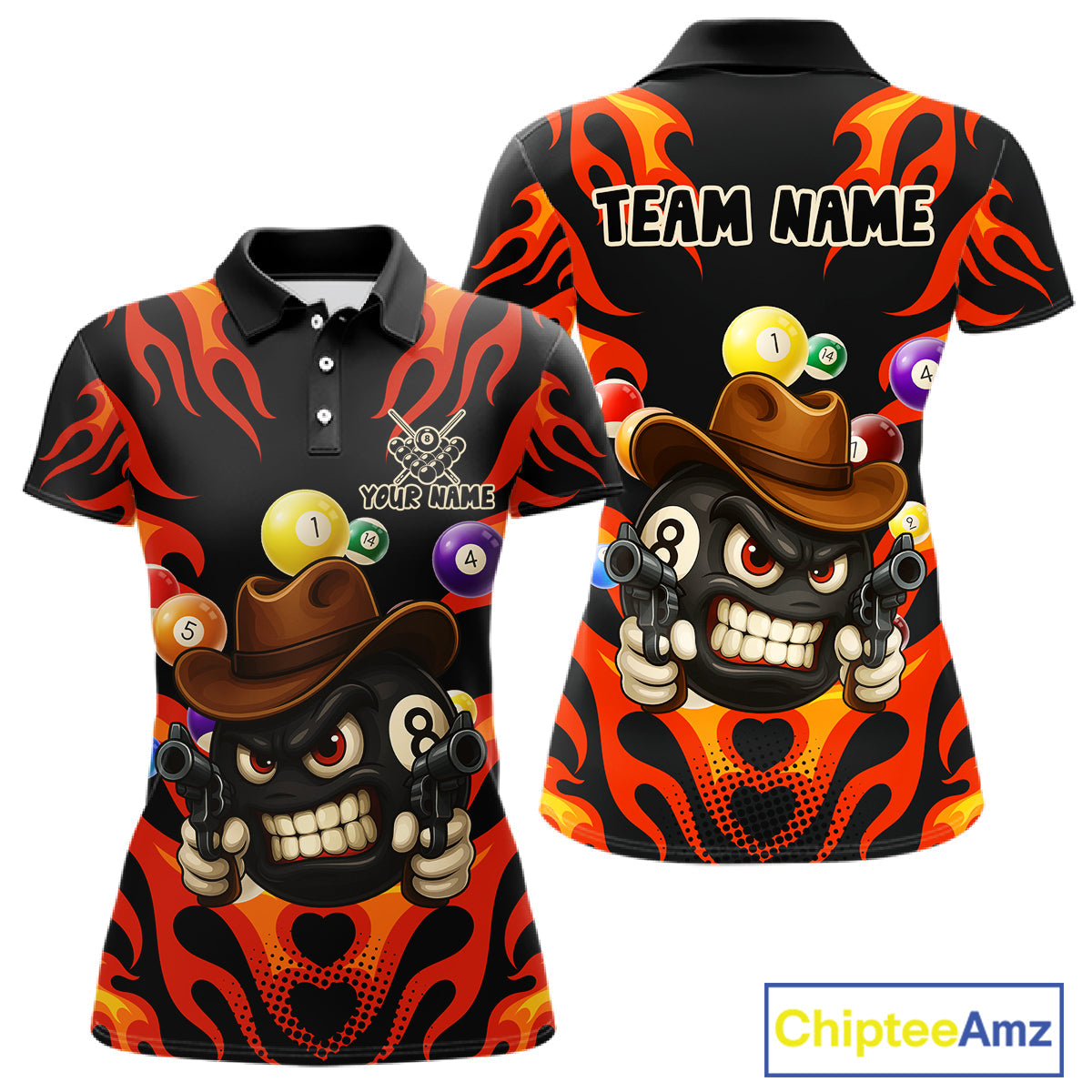 Personalized Red Funny Flame 8 Ball Billiard Shirt Custom Pool Team Jersey Polo & 1/4 Zip