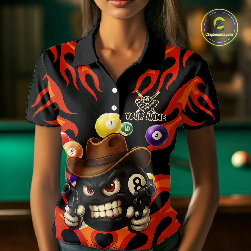 Personalized Red Funny Flame 8 Ball Billiard Shirt Custom Pool Team Jersey Polo & 1/4 Zip