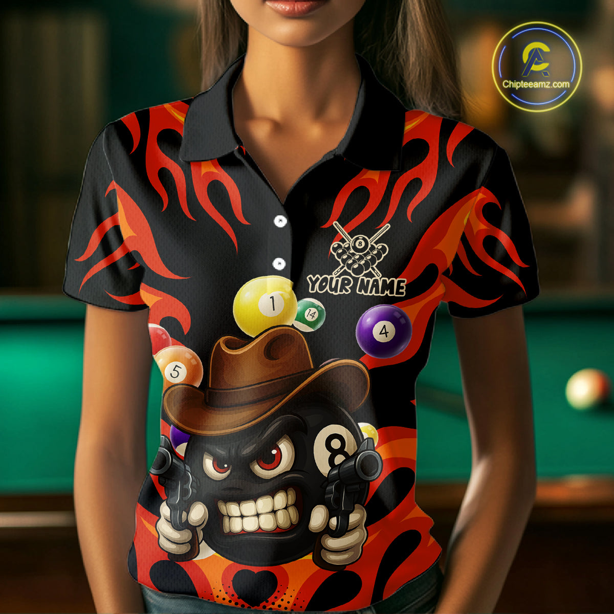 Personalized Red Funny Flame 8 Ball Billiard Shirt Custom Pool Team Jersey Polo & 1/4 Zip