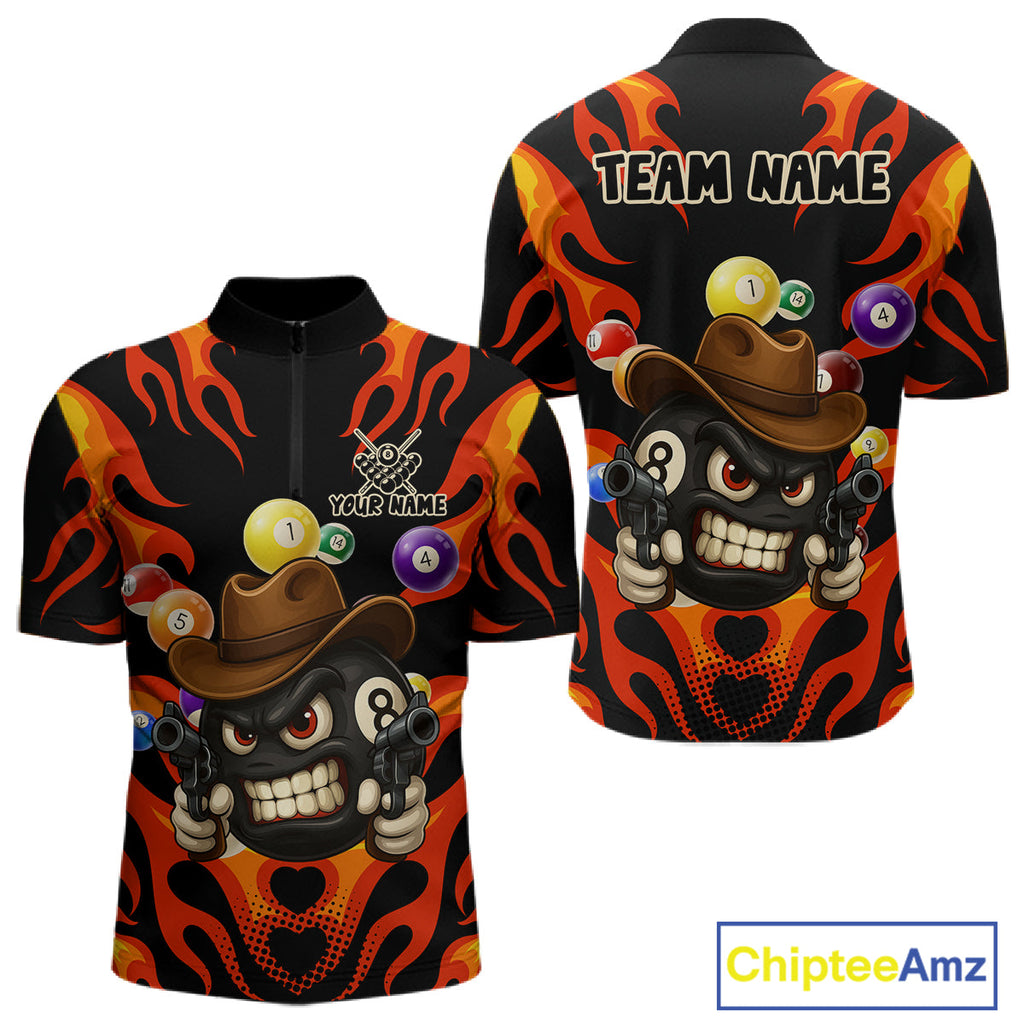 Personalized Red Funny Flame 8 Ball Billiard Shirt Custom Pool Team Jersey Polo & 1/4 Zip