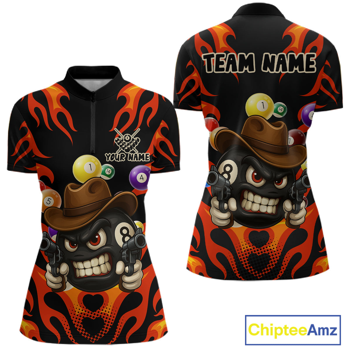 Personalized Red Funny Flame 8 Ball Billiard Shirt Custom Pool Team Jersey Polo & 1/4 Zip