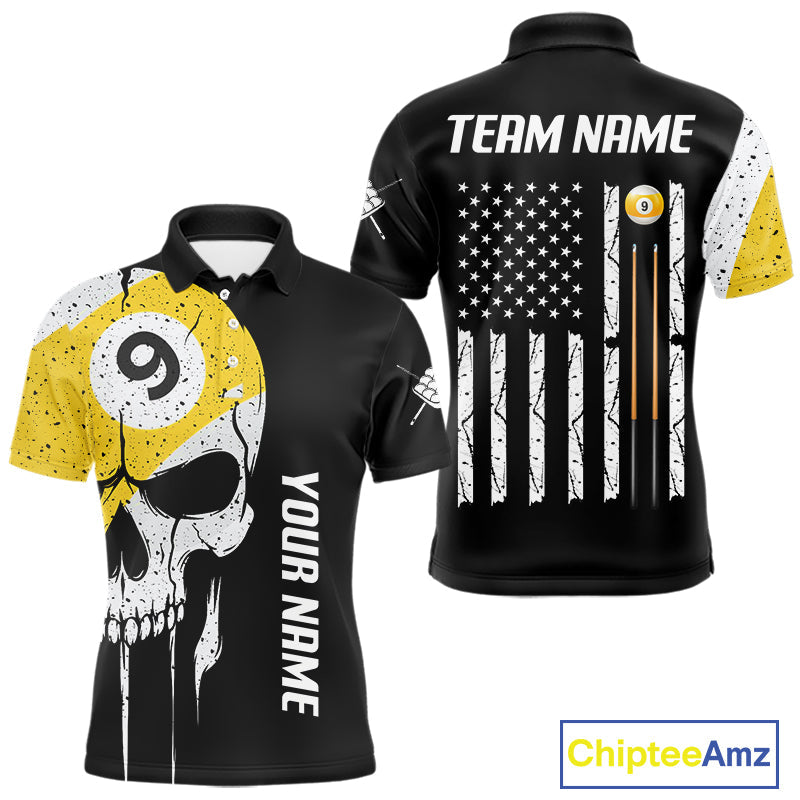 Personalized 9 Ball Skull Billiard Shirt, American Flag Pool Team Jerseys