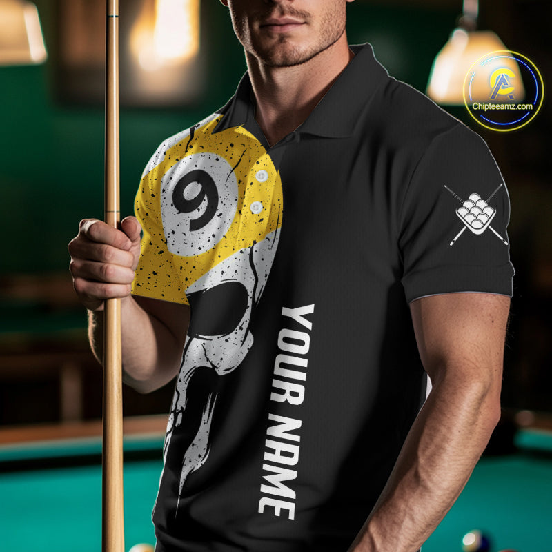 Personalized 9 Ball Skull Billiard Shirt, American Flag Pool Team Jerseys