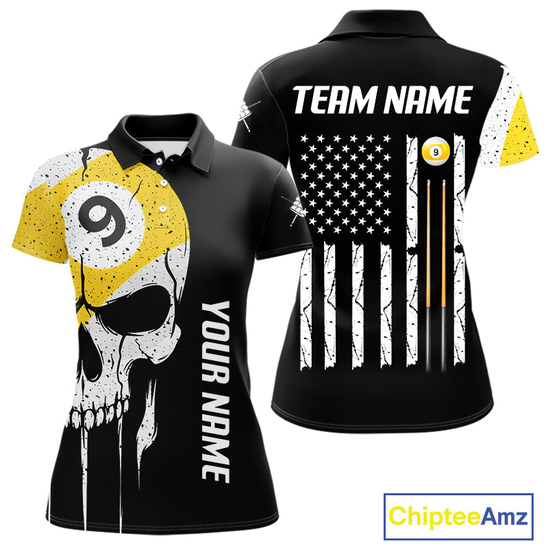 Personalized 9 Ball Skull Billiard Shirt, American Flag Pool Team Jerseys