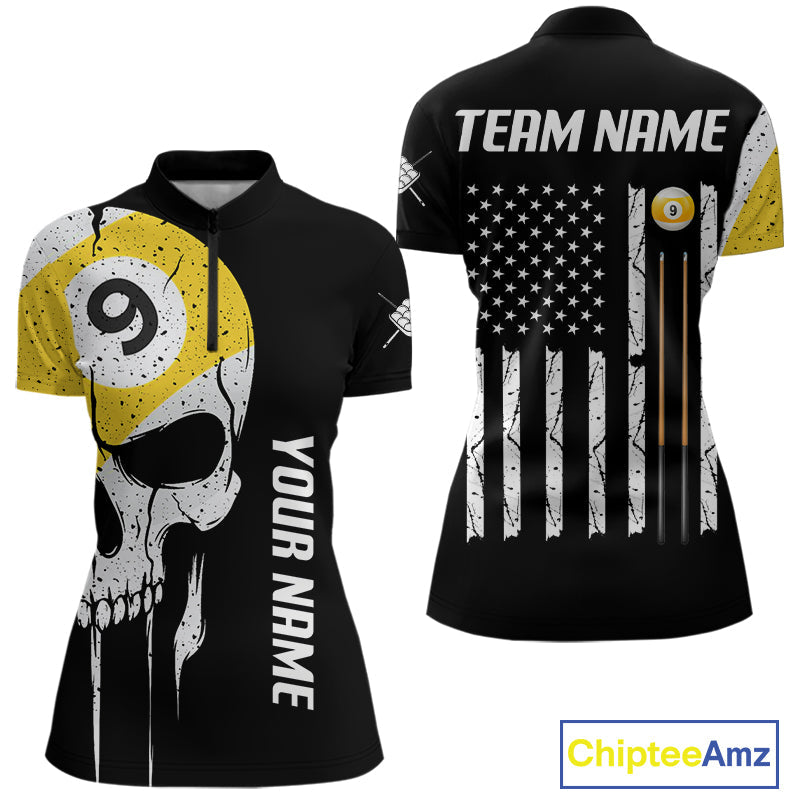 Personalized 9 Ball Skull Billiard Shirt, American Flag Pool Team Jerseys