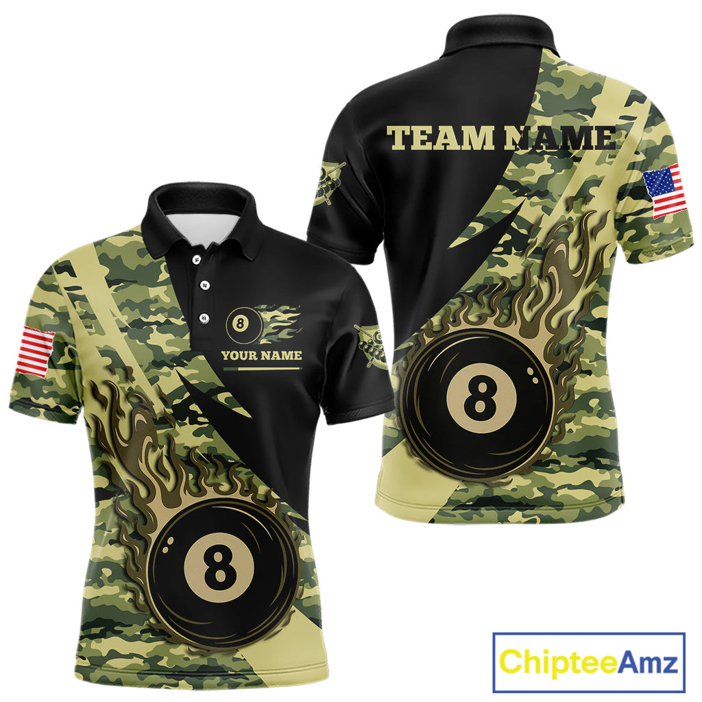 Personalized Flame 8 Ball Pool Military Green Camo Billiard Shirts Custom Pool Team Jersey
