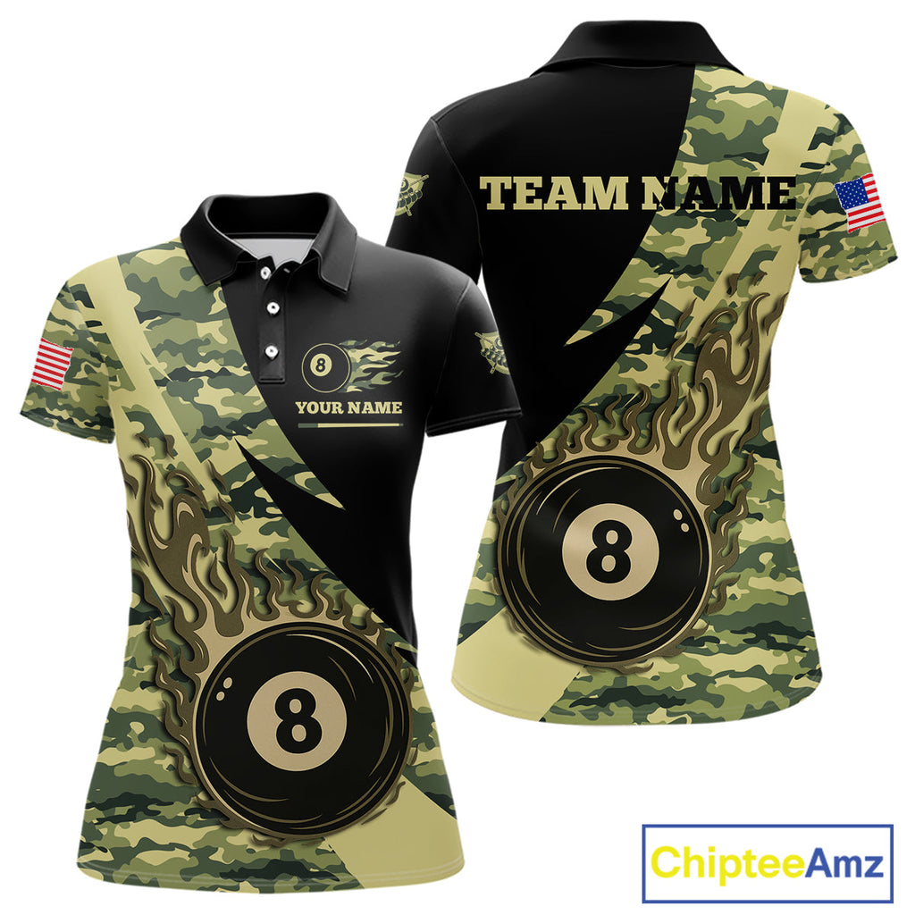 Personalized Flame 8 Ball Pool Military Green Camo Billiard Shirts Custom Pool Team Jersey