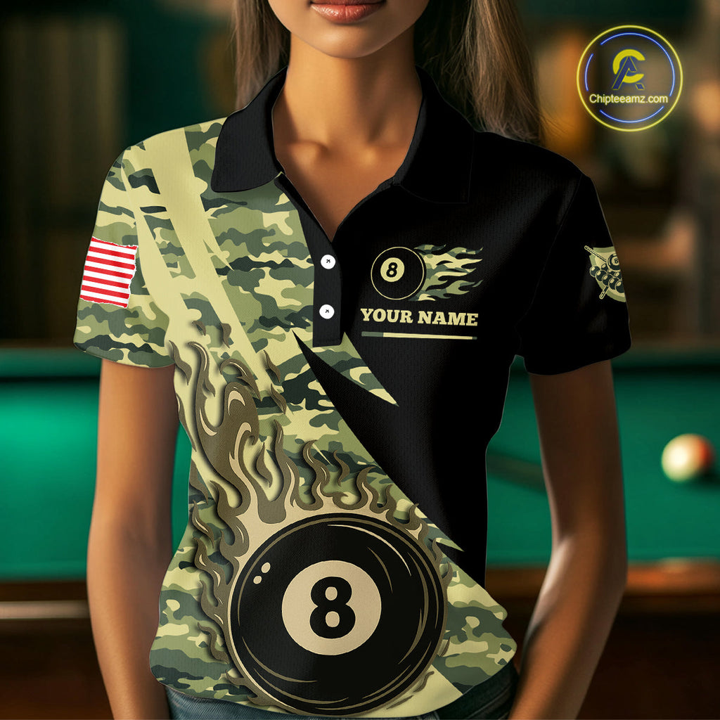 Personalized Flame 8 Ball Pool Military Green Camo Billiard Shirts Custom Pool Team Jersey