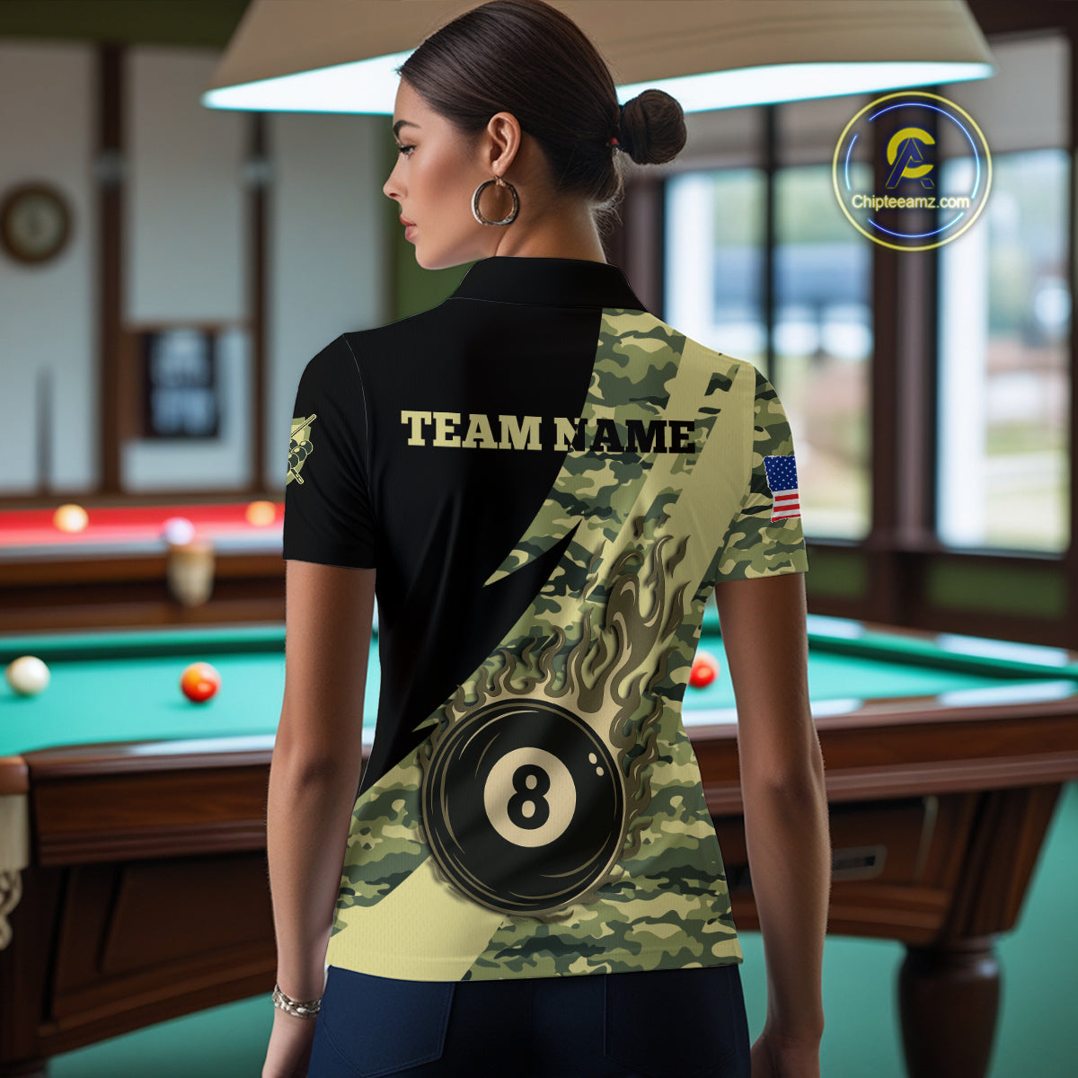 Personalized Flame 8 Ball Pool Military Green Camo Billiard Shirts Custom Pool Team Jersey