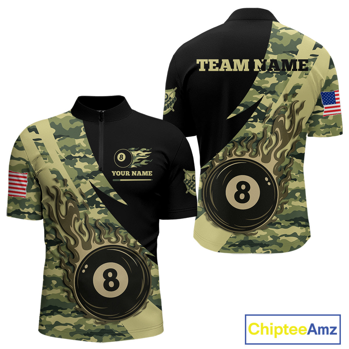 Personalized Flame 8 Ball Pool Military Green Camo Billiard Shirts Custom Pool Team Jersey