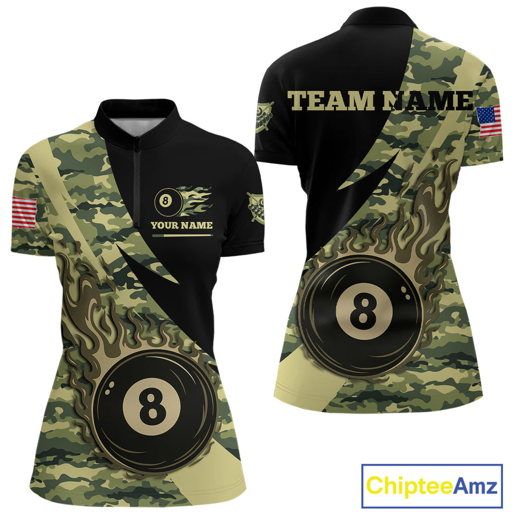 Personalized Flame 8 Ball Pool Military Green Camo Billiard Shirts Custom Pool Team Jersey