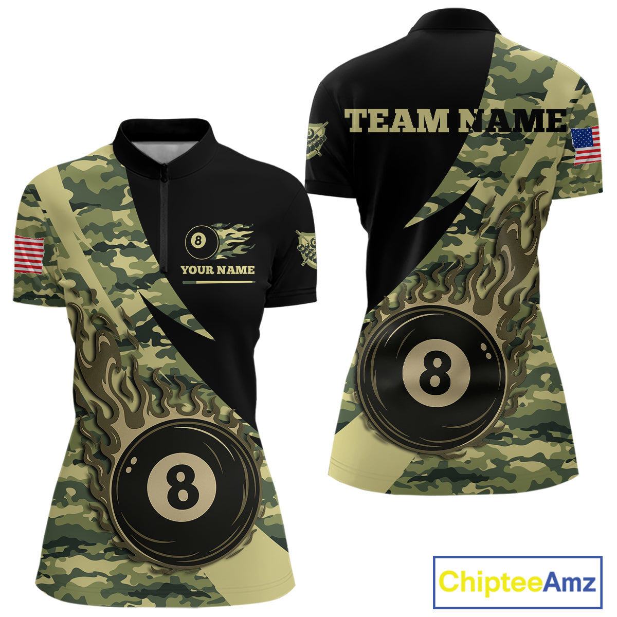 Personalized Flame 8 Ball Pool Military Green Camo Billiard Shirts Custom Pool Team Jersey