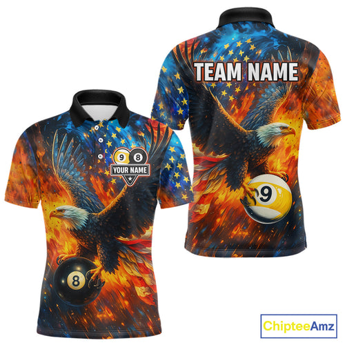 Personalized Orange Flaming US Flag 8 Ball & 9 Ball Eagle Billiard Shirt, Pool Team Jersey