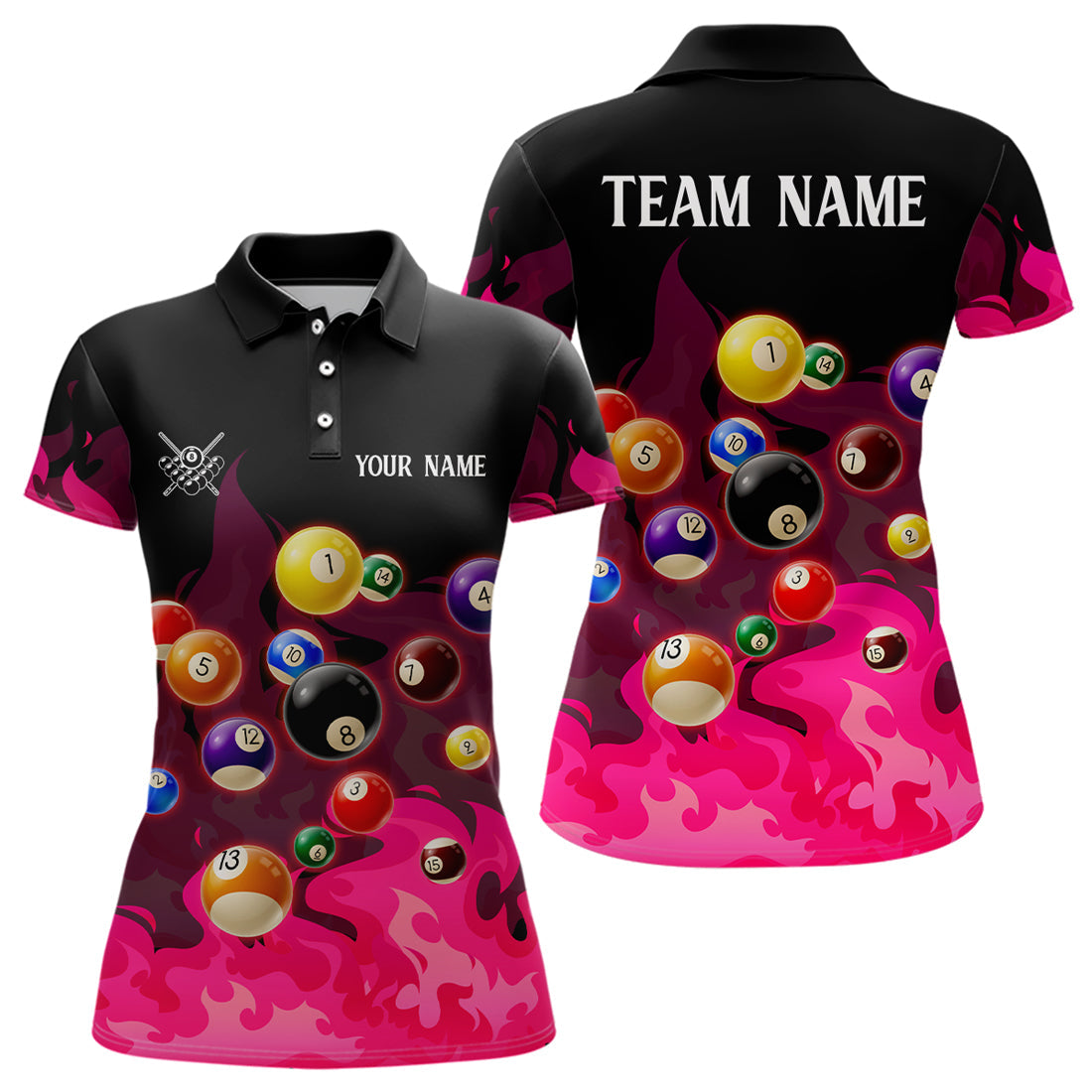 Pink 3D Billiard Balls Fire Flame Custom Billiard Shirts, Billiard League Pool Team Jersey