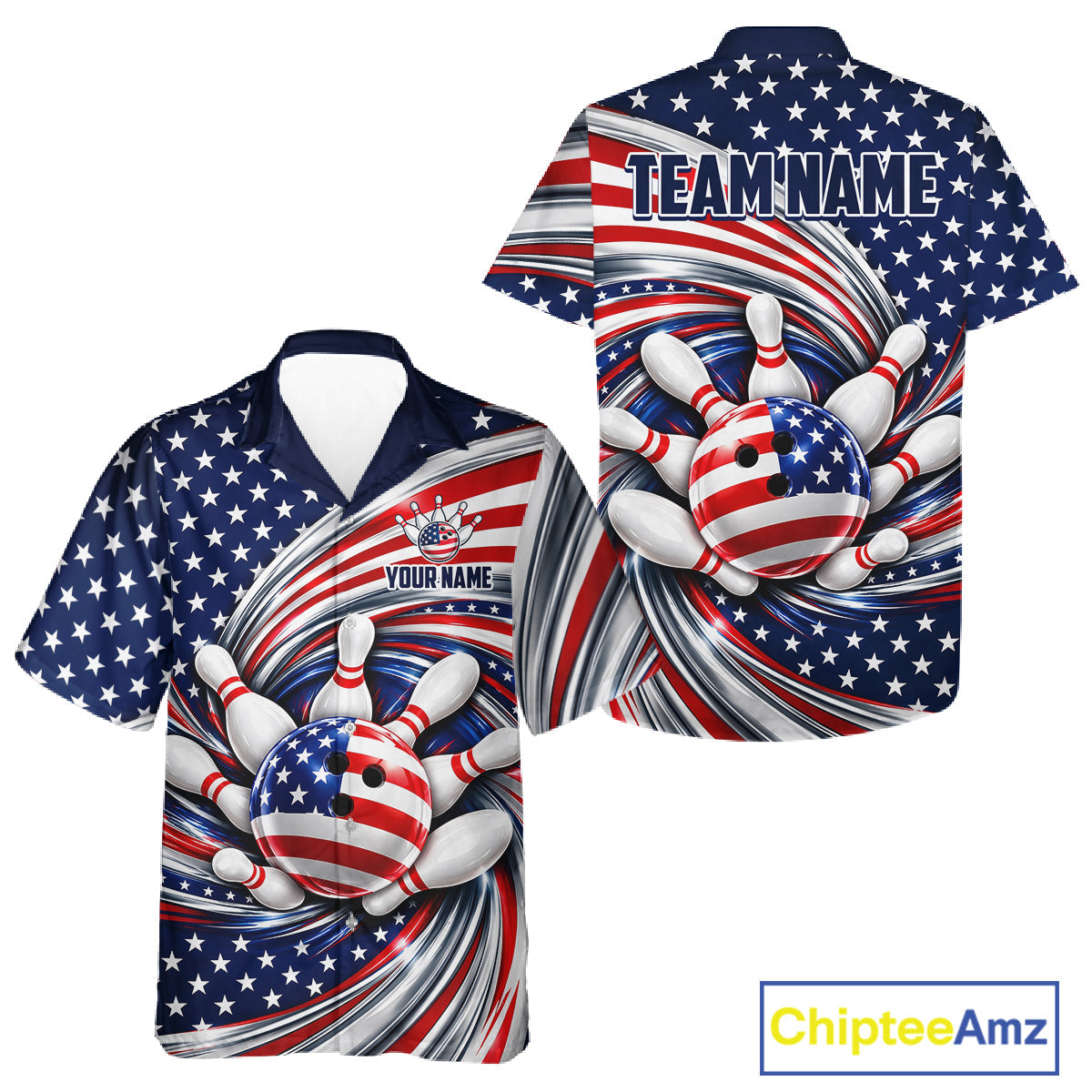 Custom Swirl American Flag Bowling Hawaiian Shirt For Bowler, Patriotic Bowling Team Button Up Jersey