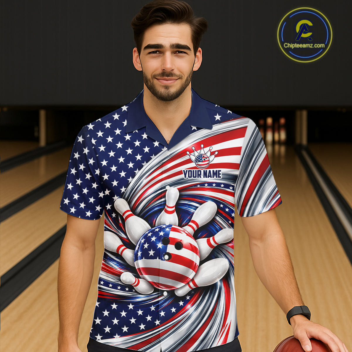 Custom Swirl American Flag Bowling Hawaiian Shirt For Bowler, Patriotic Bowling Team Button Up Jersey