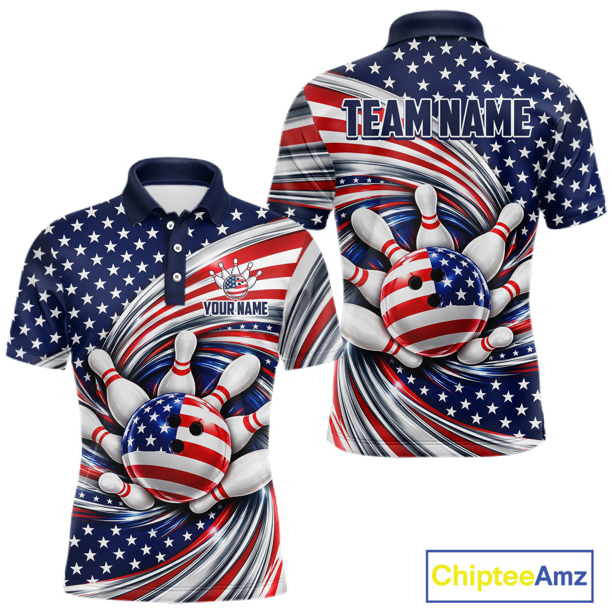 Custom Swirl American Flag Bowling Jersey, Patriotic Bowling Team Shirts Polo & 1/4 Zip