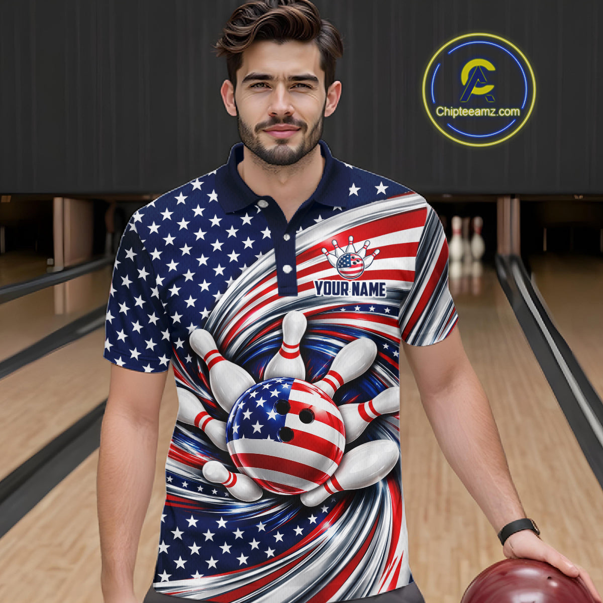 Custom Swirl American Flag Bowling Jersey, Patriotic Bowling Team Shirts Polo & 1/4 Zip