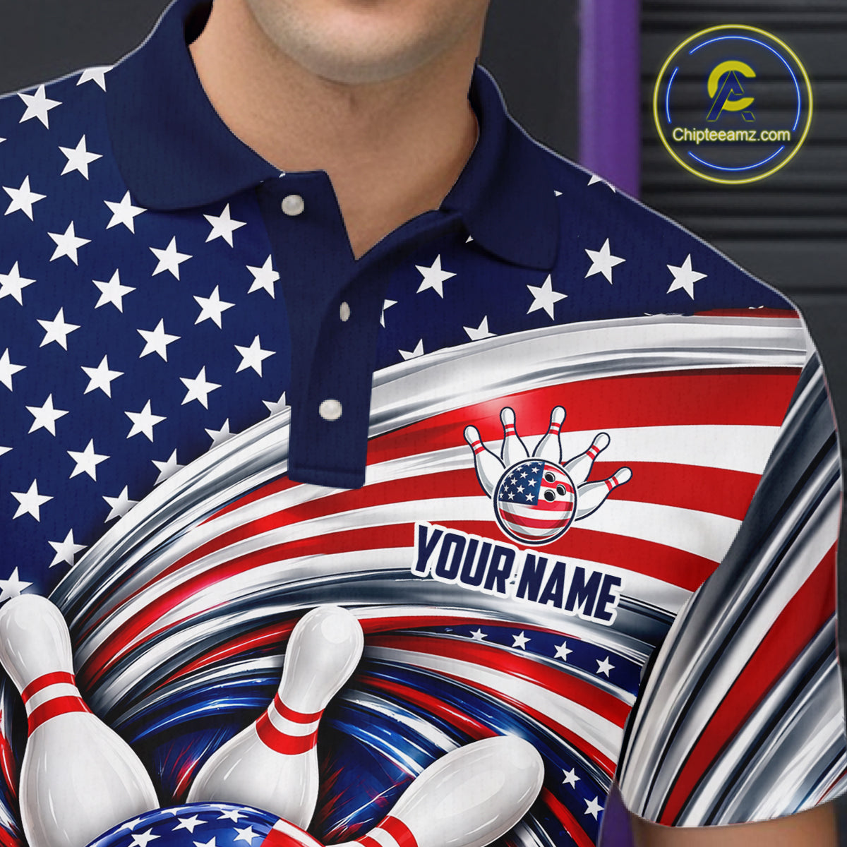 Custom Swirl American Flag Bowling Jersey, Patriotic Bowling Team Shirts Polo & 1/4 Zip