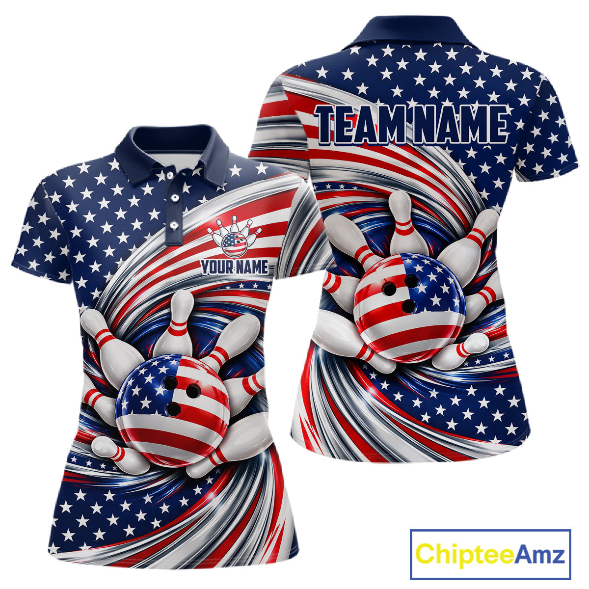 Custom Swirl American Flag Bowling Jersey, Patriotic Bowling Team Shirts Polo & 1/4 Zip
