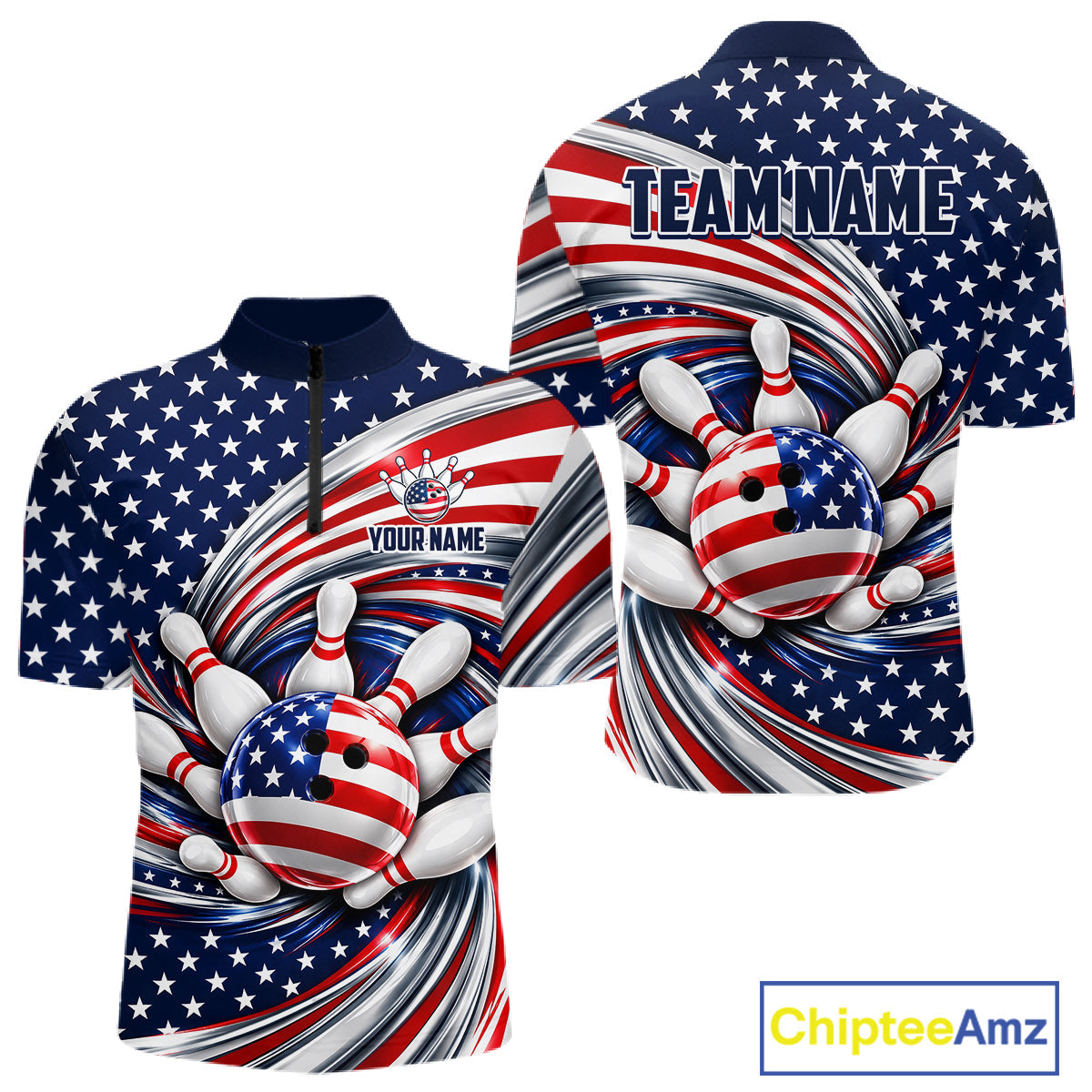 Custom Swirl American Flag Bowling Jersey, Patriotic Bowling Team Shirts Polo & 1/4 Zip