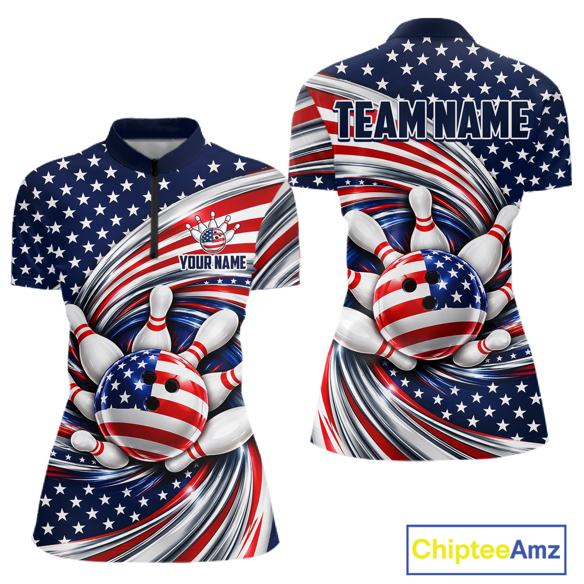 Custom Swirl American Flag Bowling Jersey, Patriotic Bowling Team Shirts Polo & 1/4 Zip