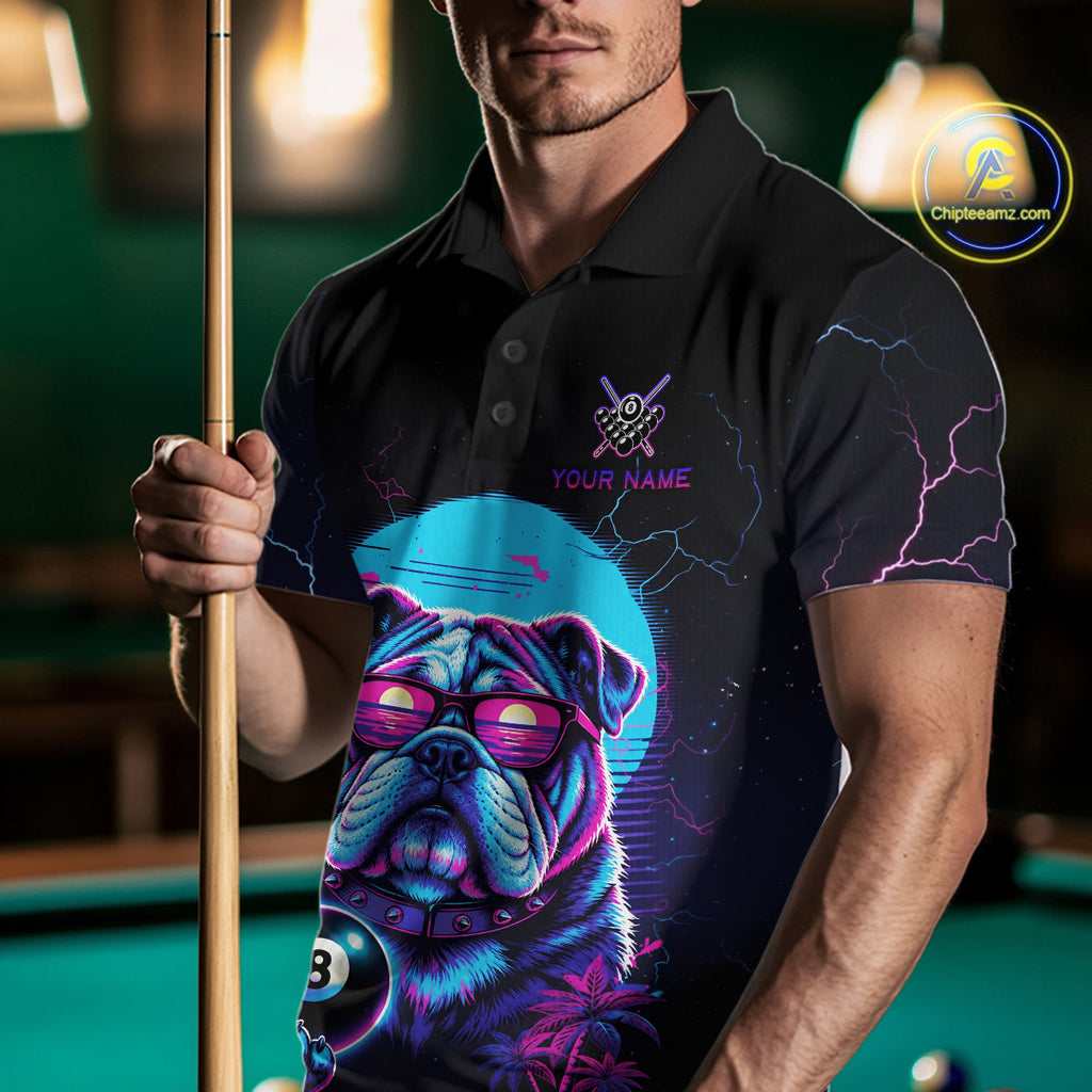 Funny Bulldog Billiard Jersey Polo & 1/4 Zip Custom Retro Neon 8 Ball Pool Team Shirt
