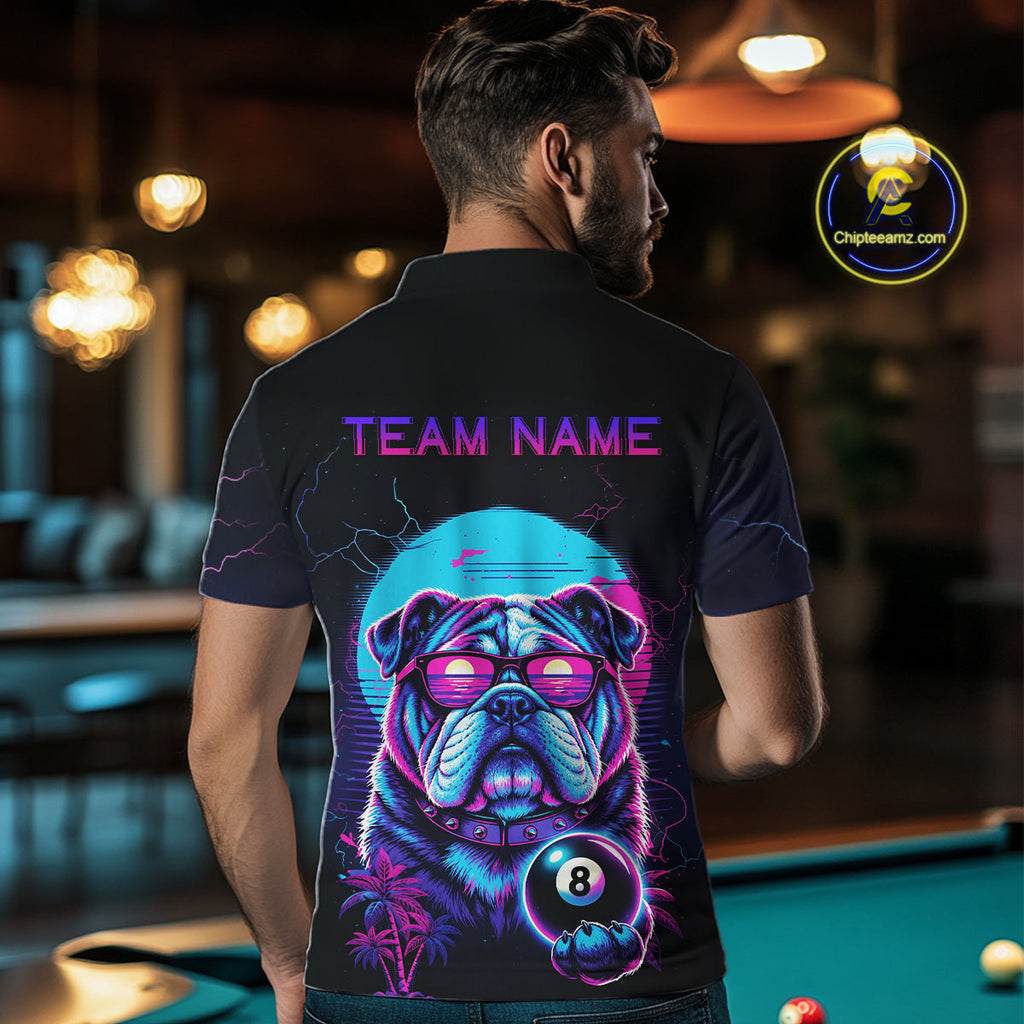 Funny Bulldog Billiard Jersey Polo & 1/4 Zip Custom Retro Neon 8 Ball Pool Team Shirt