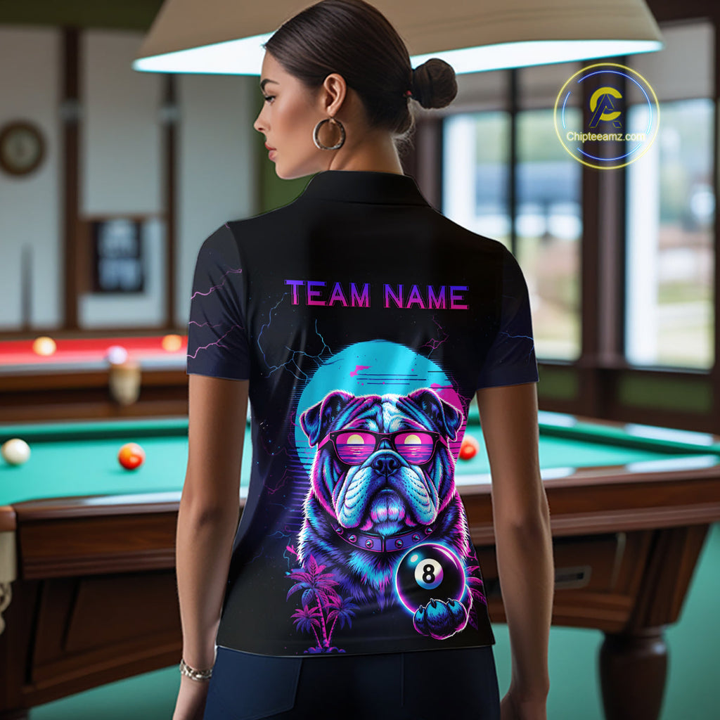 Funny Bulldog Billiard Jersey Polo & 1/4 Zip Custom Retro Neon 8 Ball Pool Team Shirt