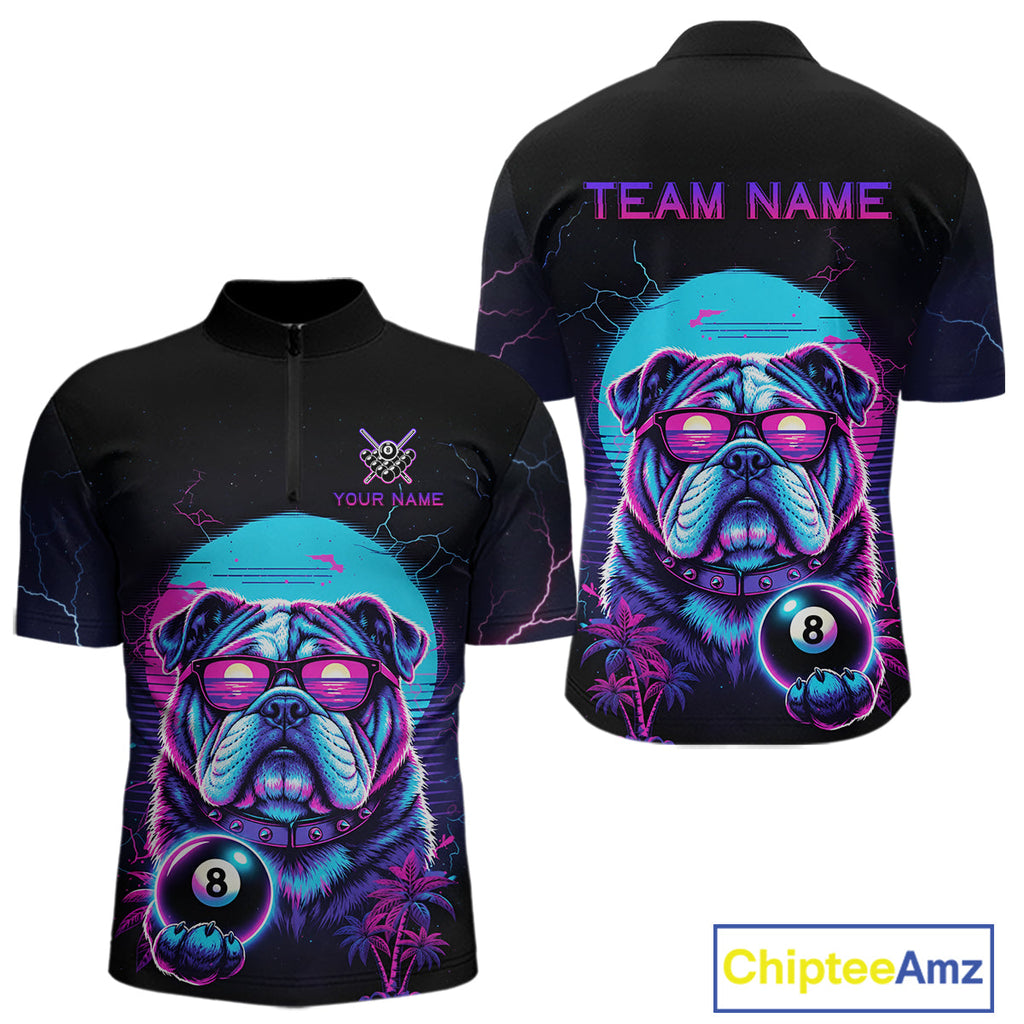 Funny Bulldog Billiard Jersey Polo & 1/4 Zip Custom Retro Neon 8 Ball Pool Team Shirt