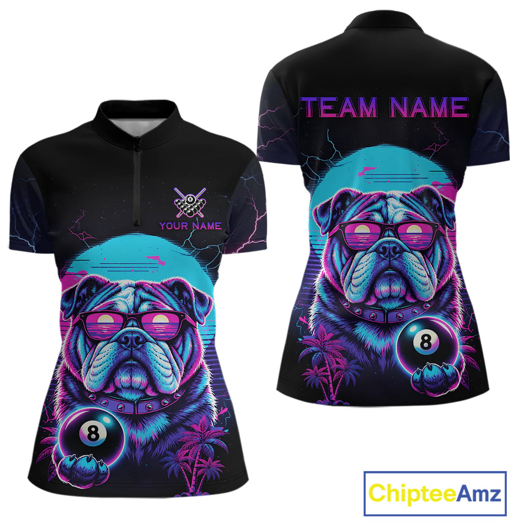 Funny Bulldog Billiard Jersey Polo & 1/4 Zip Custom Retro Neon 8 Ball Pool Team Shirt