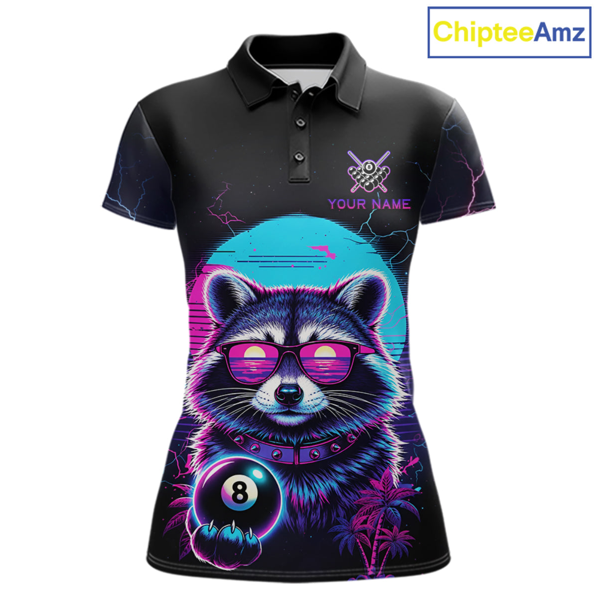 Funny Raccoon Billiard Jersey Polo & 1/4 Zip Custom Retro Neon 8 Ball Pool Team Shirt