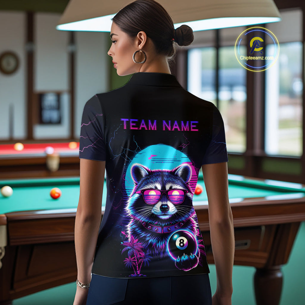 Funny Raccoon Billiard Jersey Polo & 1/4 Zip Custom Retro Neon 8 Ball Pool Team Shirt