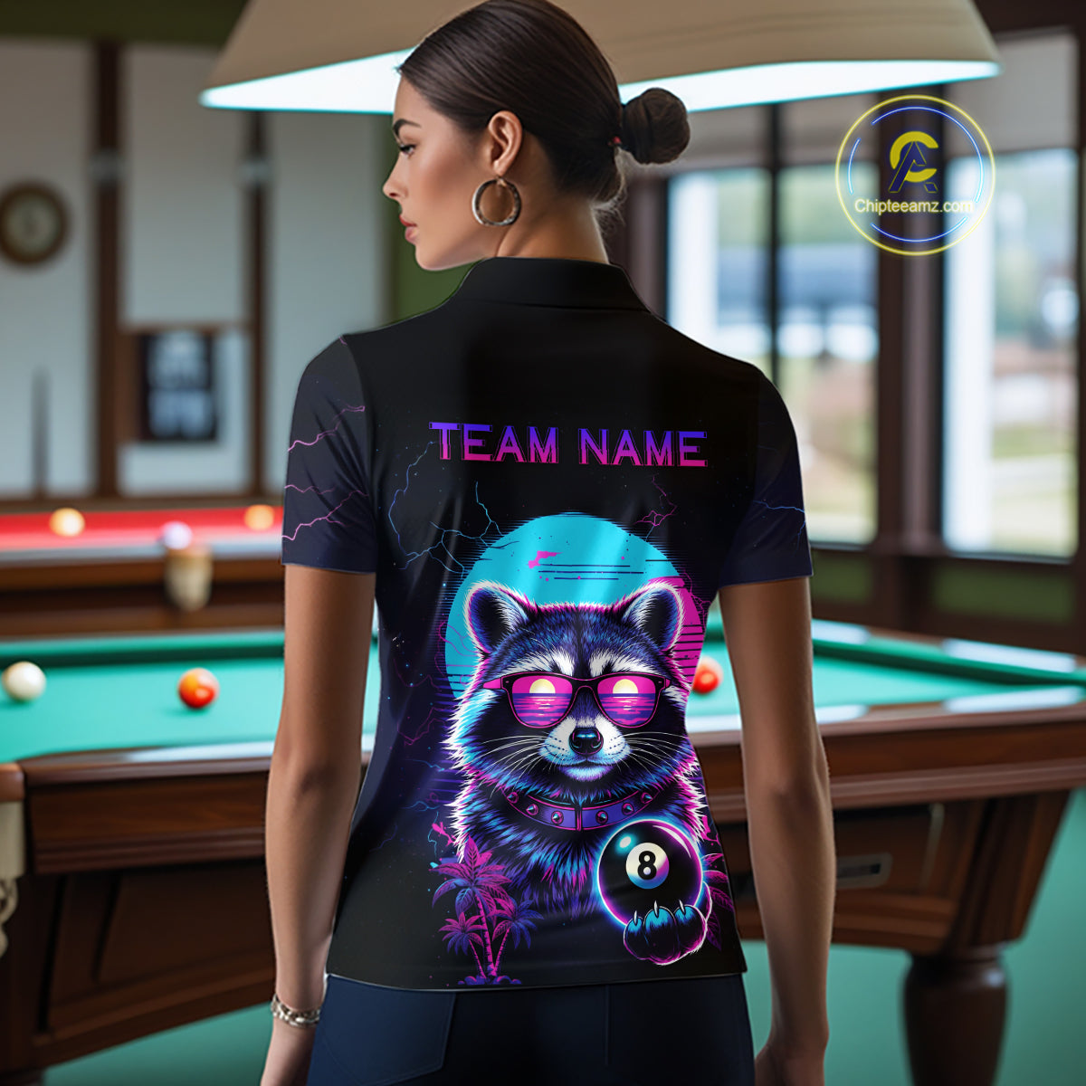 Funny Raccoon Billiard Jersey Polo & 1/4 Zip Custom Retro Neon 8 Ball Pool Team Shirt