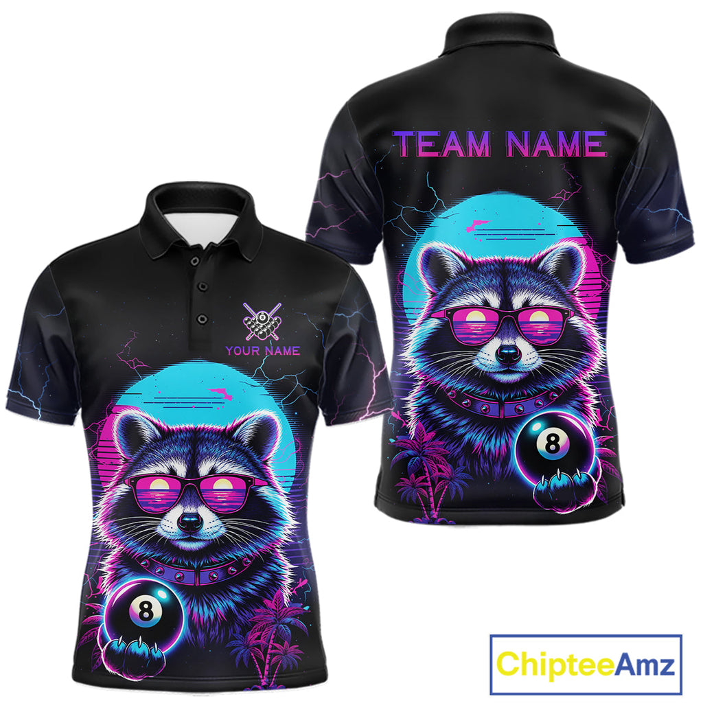 Funny Raccoon Billiard Jersey Polo & 1/4 Zip Custom Retro Neon 8 Ball Pool Team Shirt