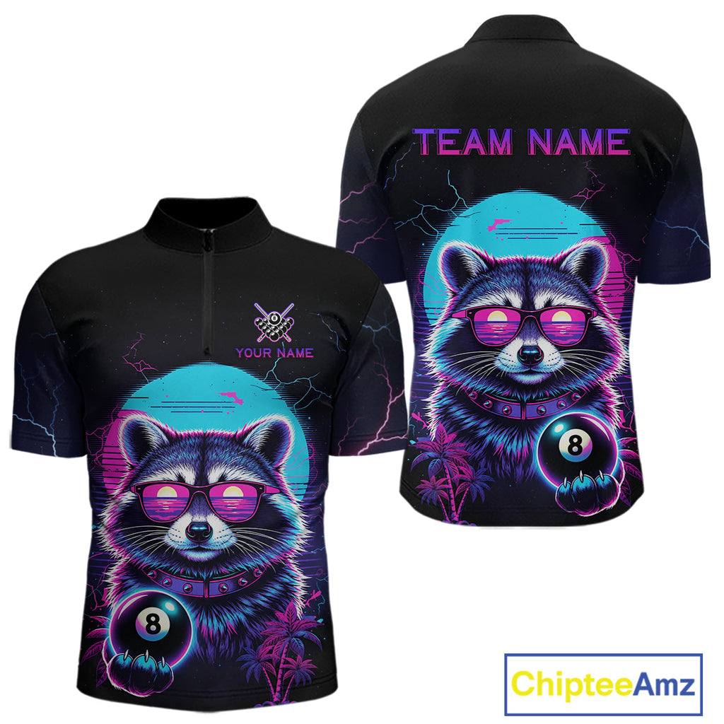 Funny Raccoon Billiard Jersey Polo & 1/4 Zip Custom Retro Neon 8 Ball Pool Team Shirt