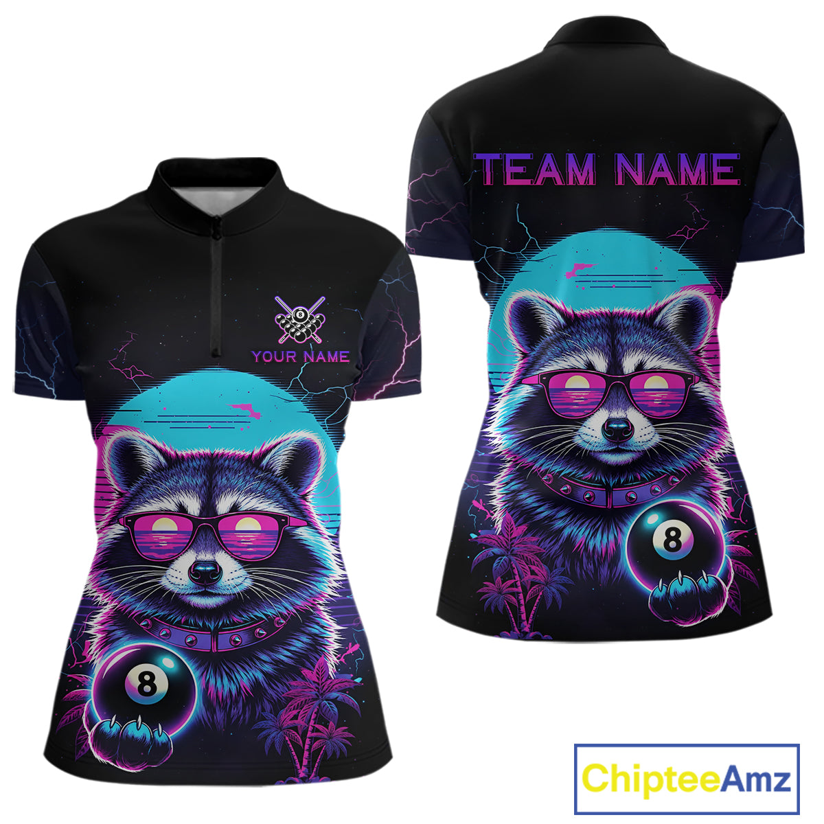 Funny Raccoon Billiard Jersey Polo & 1/4 Zip Custom Retro Neon 8 Ball Pool Team Shirt