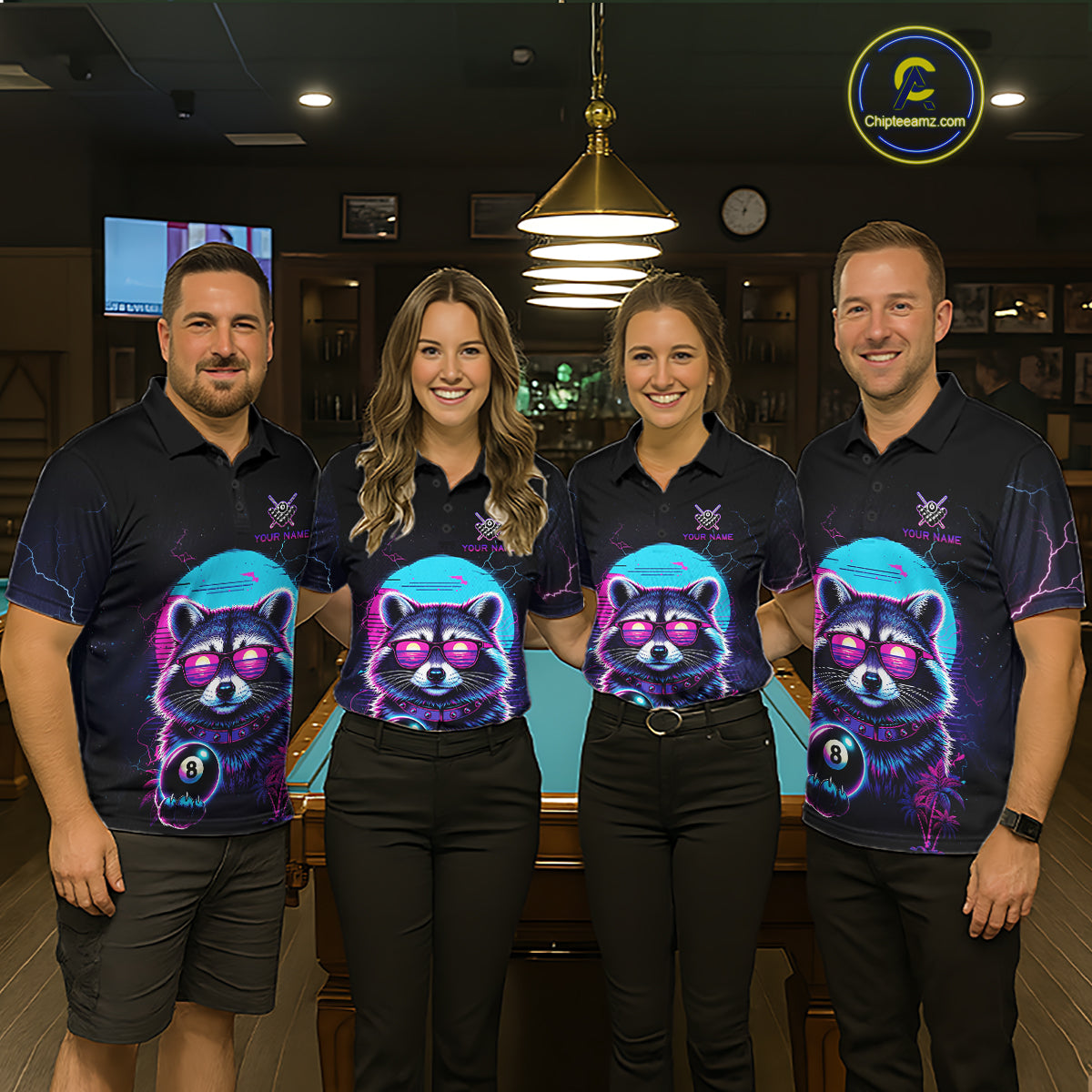 Funny Raccoon Billiard Jersey Polo & 1/4 Zip Custom Retro Neon 8 Ball Pool Team Shirt