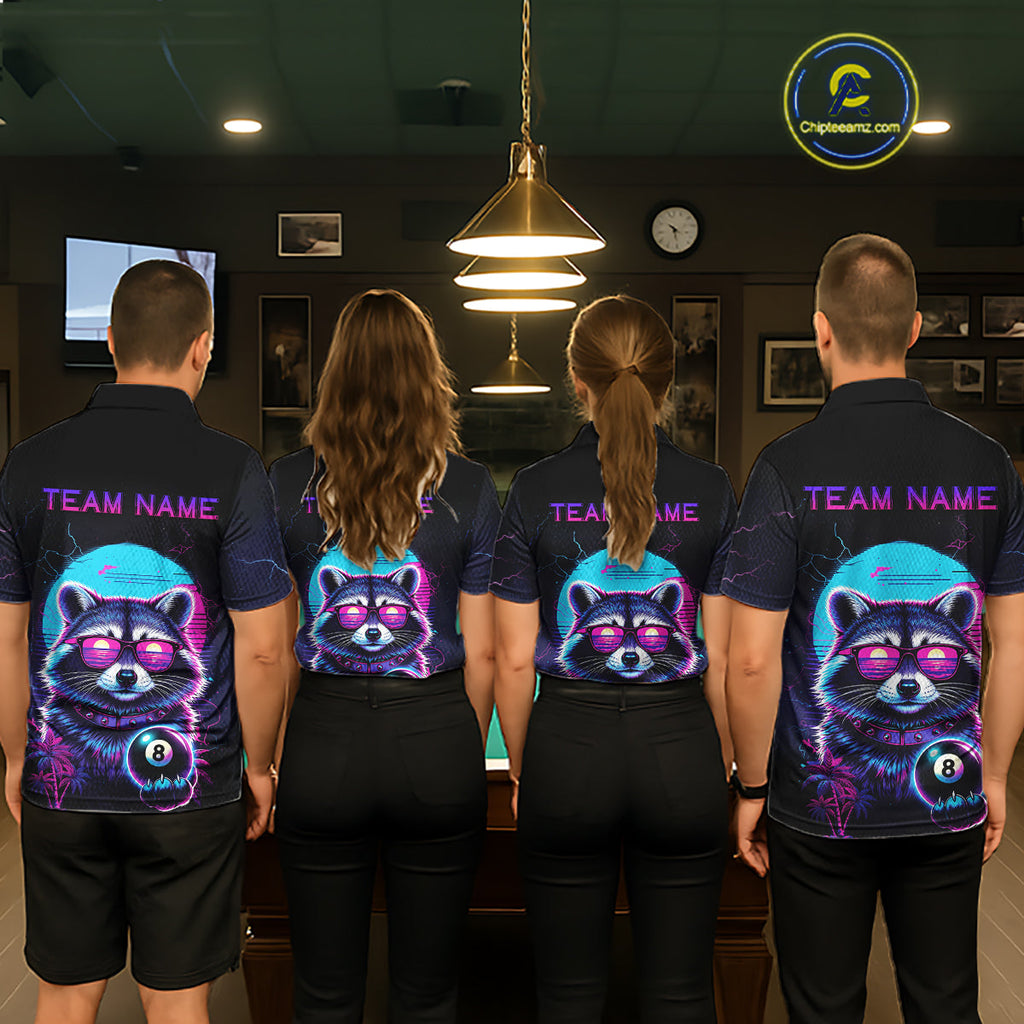 Funny Raccoon Billiard Jersey Polo & 1/4 Zip Custom Retro Neon 8 Ball Pool Team Shirt
