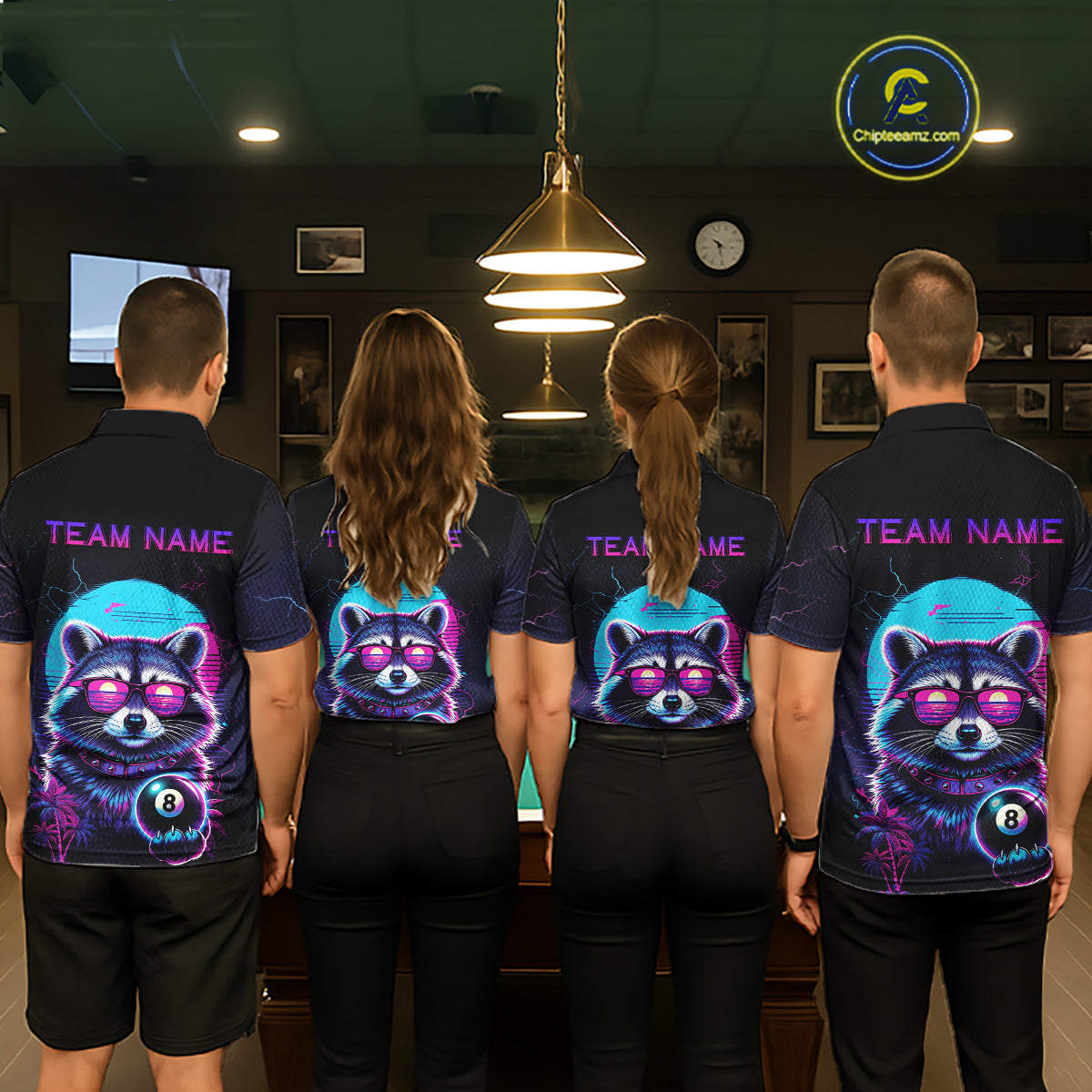 Funny Raccoon Billiard Jersey Polo & 1/4 Zip Custom Retro Neon 8 Ball Pool Team Shirt