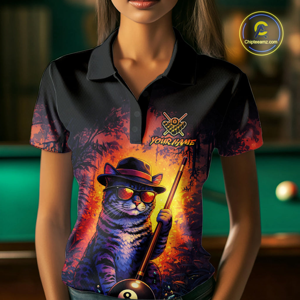 Personalized Vintage Funny Cat 8 Ball Billiard Shirt, Pool Team Jersey Polo & 1/4 Zip